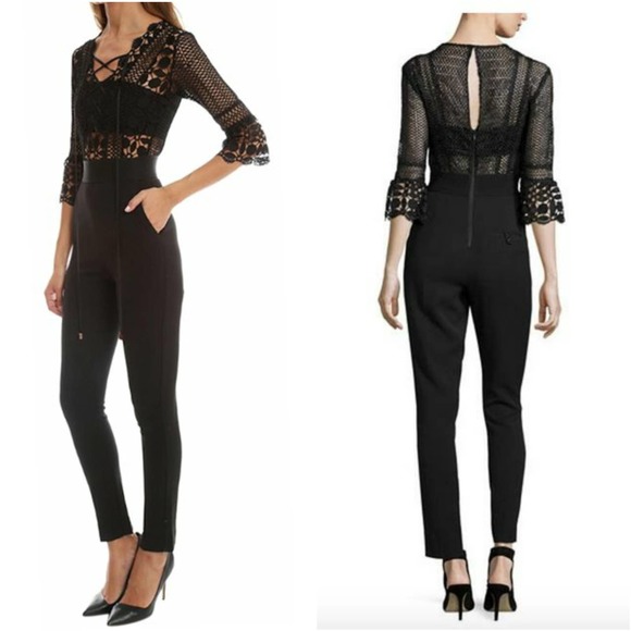 Self-Portrait Pants - Self-Portrait Eliza Guipure Lace Jumpsuit High Rise Black Keyhole Cut Out